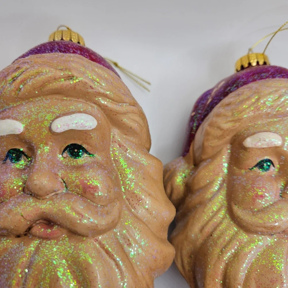 Vintage Santa Head Christmas Ornaments‎ Pair Glittered Mid Century Holiday Decor